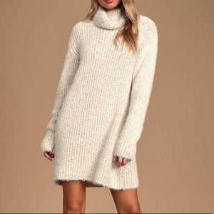 Lulus Sweet Whispers Ivory Multi Eyelash Knit Turtleneck Sweater Dress